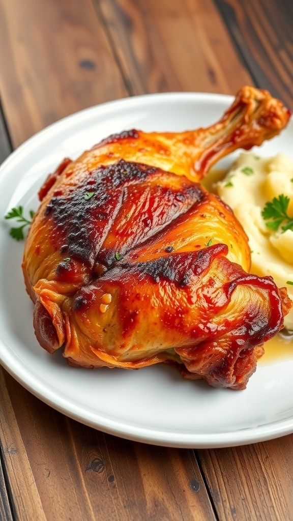 Crispy golden-brown chicken served with mashed potatoes and parsley on a rustic table.